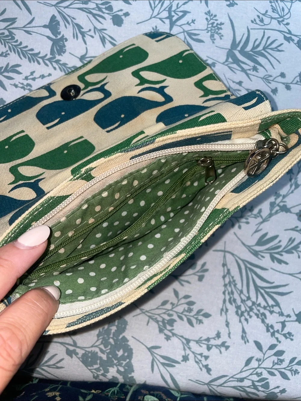 bungalow 360 Cream Wristlet with Green and Teal Whale Print